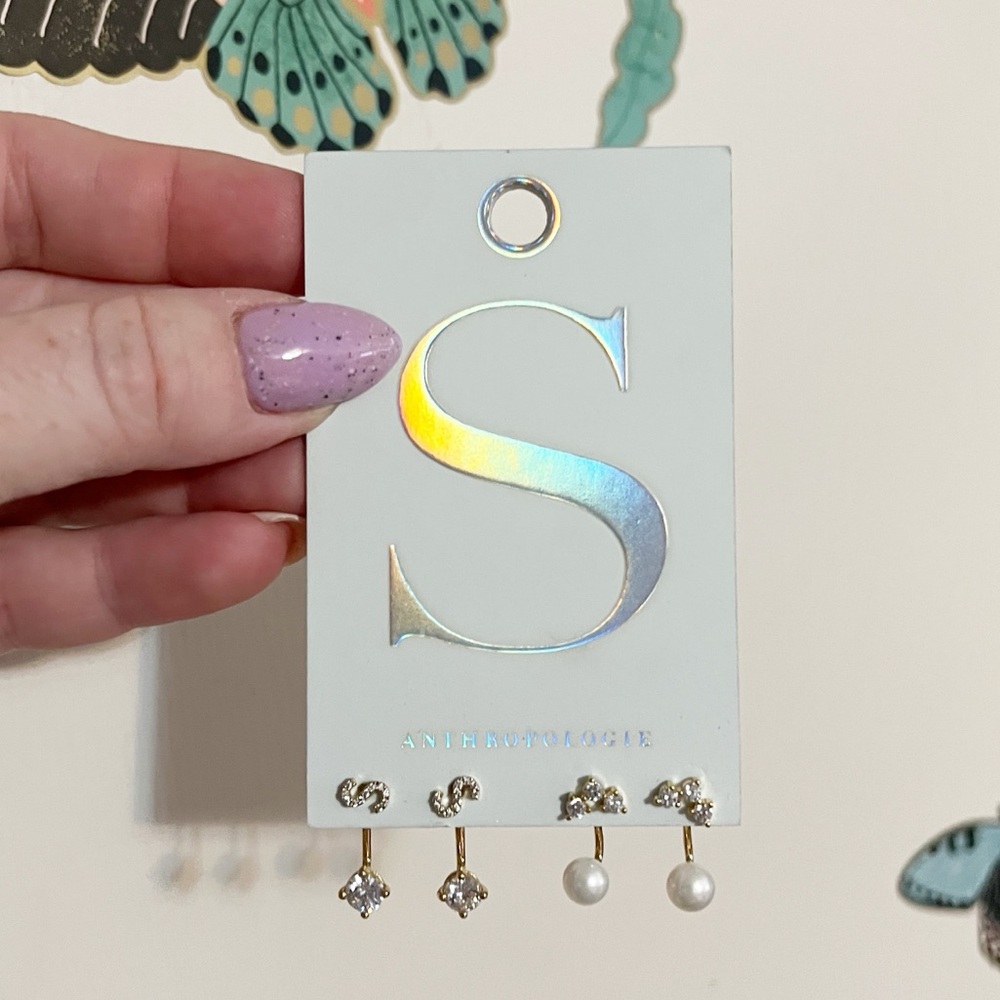 Anthropologie Gold and Pearl “S” Earrings Set